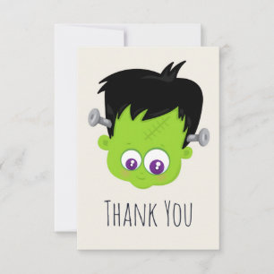 Cute Green Frankenstein Monster face Halloween Thank You Card