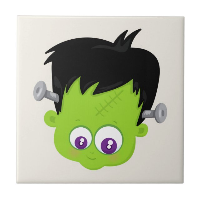 Cute Green Frankenstein Monster face Halloween Tile (Front)