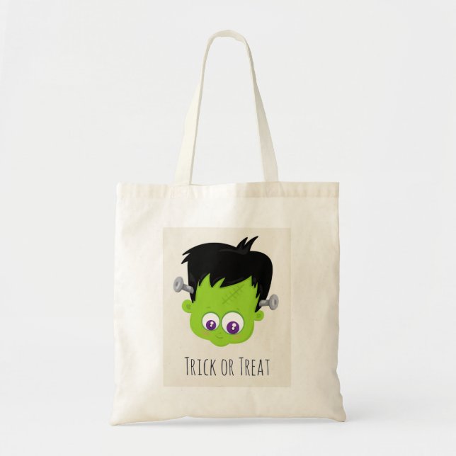 Cute Green Frankenstein Monster face Halloween Tote Bag (Front)