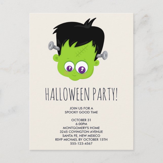 Cute Green Frankenstein Monster Halloween Party Postcard (Front)