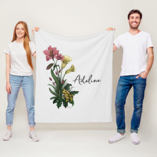 Cute Green Frog and Lily Botanical Floral Art Fleece Blanket