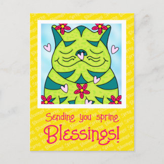 Cute Green Frog Cat With Flowers Spring Blessings Postcard