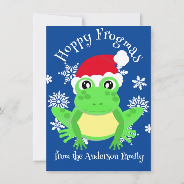 Cute Green Frog Christmas Santa Hat Cartoon Blue Holiday Card (Front)