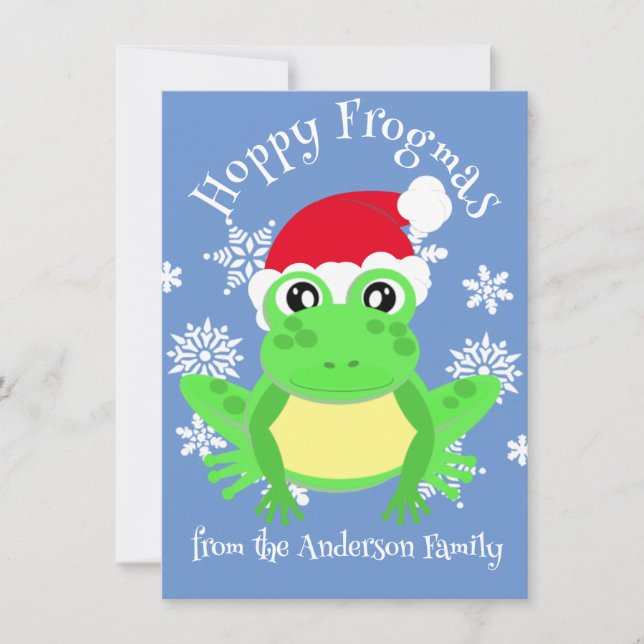 Cute Green Frog Christmas Santa Hat Cartoon Blue Holiday Card (Front)