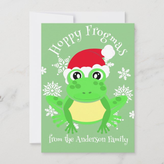 Cute Green Frog Christmas Santa Hat Cartoon Green Holiday Card (Front)