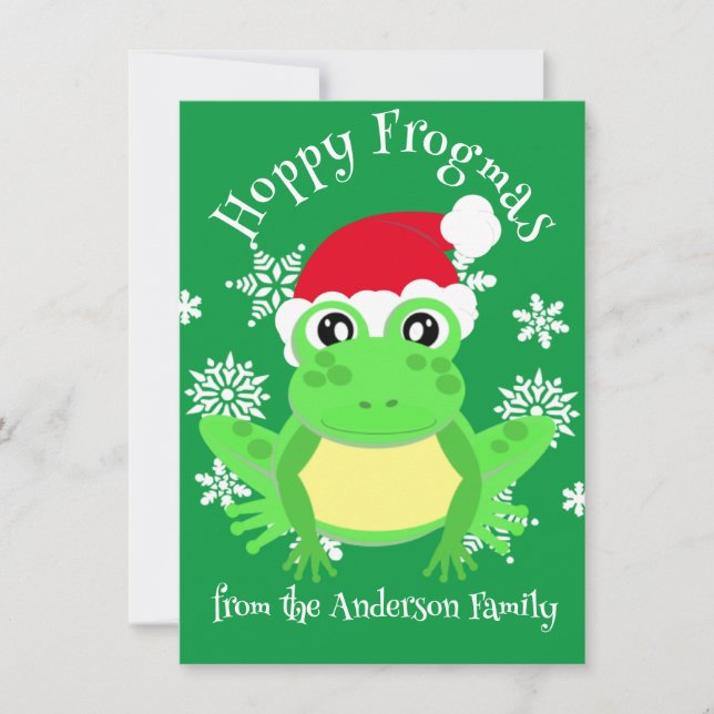 Cute Green Frog Christmas Santa Hat Cartoon Green Holiday Card (Front)