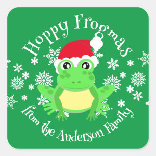 Cute Green Frog Christmas Santa Hat Cartoon Novel Square Sticker