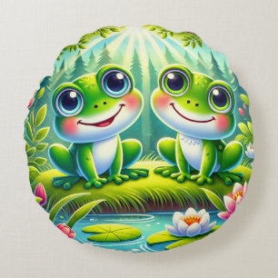 Cute Green Frog Couple Whimsical Nature Garden Round Cushion