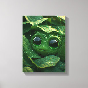 Cute Green Frog Hidden in Dewy Leaves – Whimsical Canvas Print