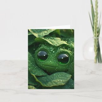 Cute Green Frog Hidden in Dewy Leaves – Whimsical Card