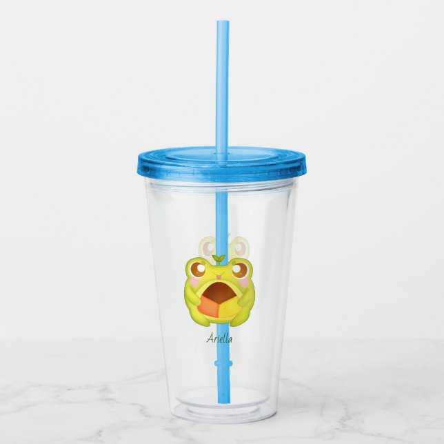 Cute Green Frog Holding Mexican Polvoron Cookie Acrylic Tumbler (Front)