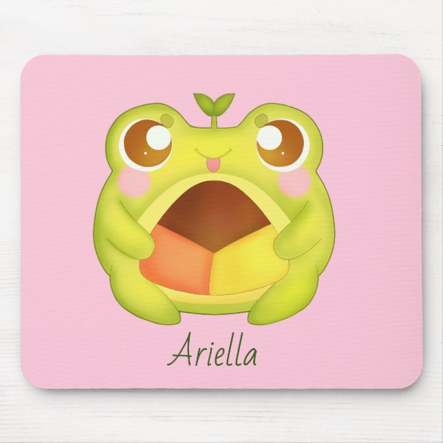 Cute Green Frog Holding Mexican Polvoron Cookie Mouse Mat (Front)