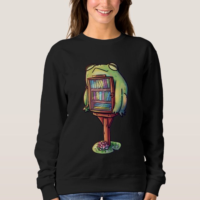 Cute Green Frog Library Reading Book Amine Lover M Sweatshirt (Front)