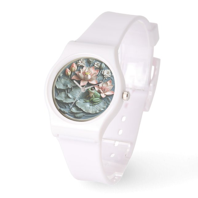 Cute Green Frog Lily Pads Pink Water Lilies  Watch (Angle)