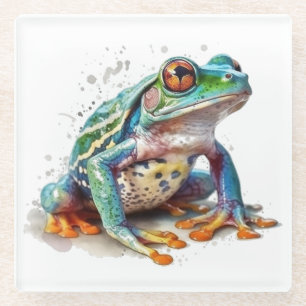 cute green frog looking up in water colour glass coaster