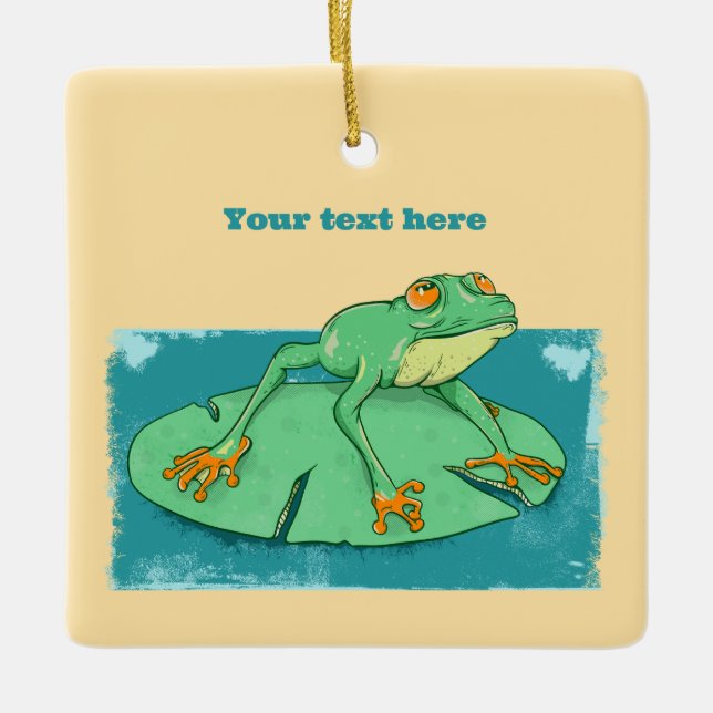 Cute green frog on a lily pad ceramic ornament (Front)