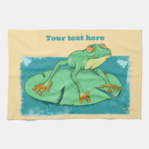 Cute green frog on a lily pad tea towel