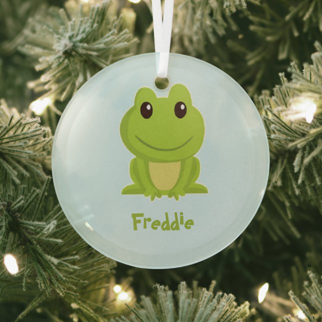 Cute green frog on blue  glass tree decoration (Insitu)