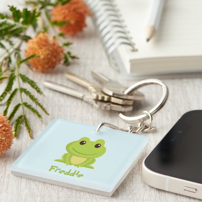 Cute green frog on blue  key ring (Front Right)