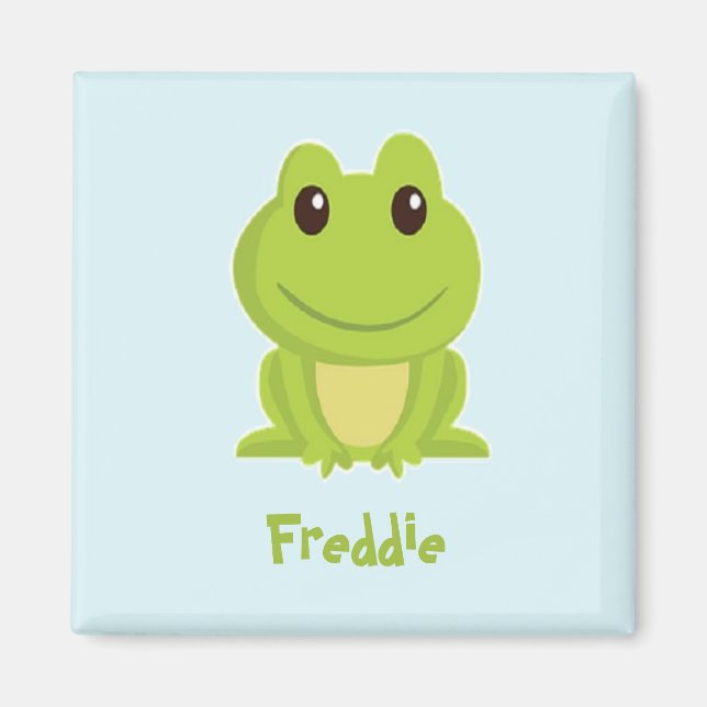 Cute green frog on blue  magnet (Front)