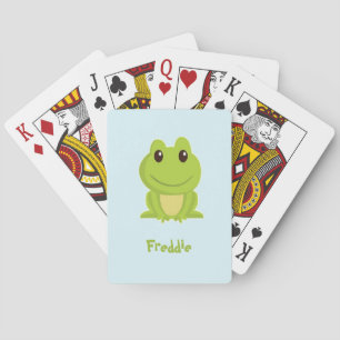Cute green frog on blue playing cards