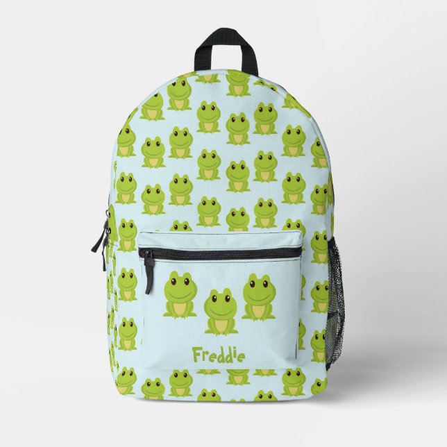 Cute green frog on blue  printed backpack (Front)