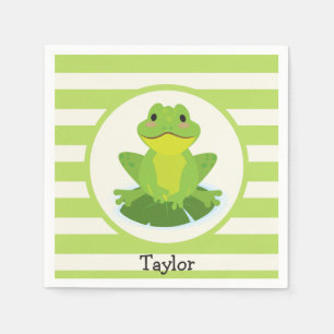 Cute Green Frog on Striped Pattern Napkin
