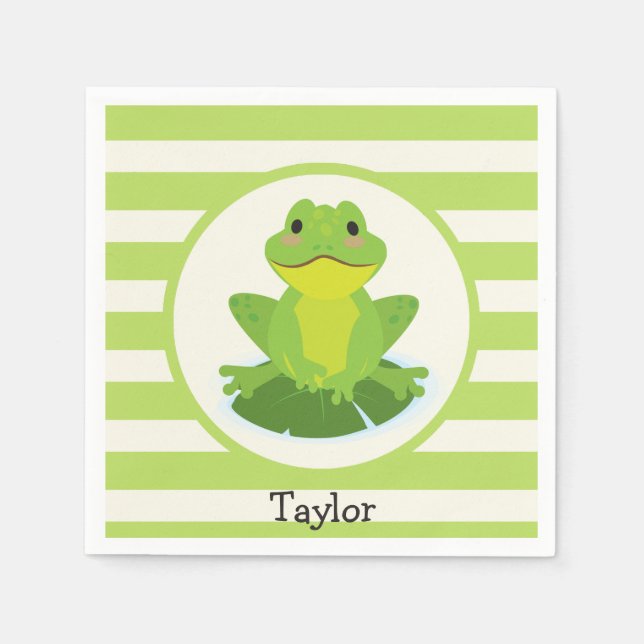 Cute Green Frog on Striped Pattern Napkin (Front)