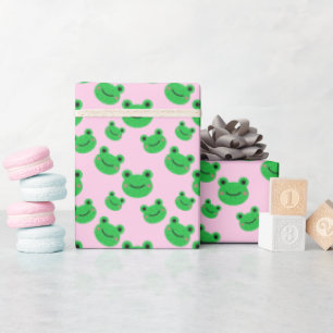 Cute Green Frog Pattern Pink Wrapping Paper