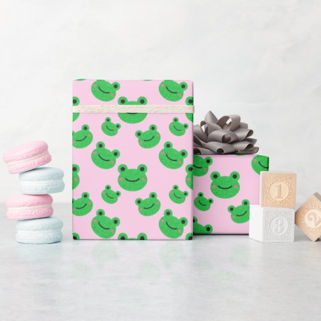 Cute Green Frog Pattern Pink  Wrapping Paper (Baby Shower)