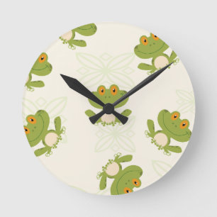 Cute Green Frog Pattern Round Clock