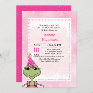 Cute Green Frog Pink Birthday Party Invitation