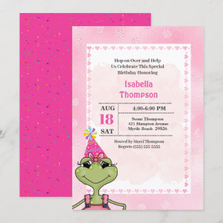 Cute Green Frog Pink Birthday Party Invitation
