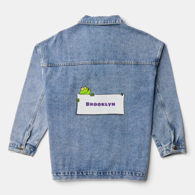 Cute green frog sign cartoon illustration denim jacket (Back)