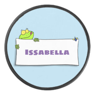Cute green frog sign cartoon illustration hockey puck