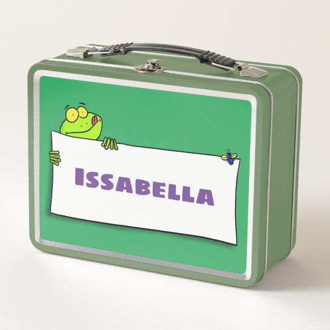 Cute green frog sign cartoon illustration metal lunch box (Front)