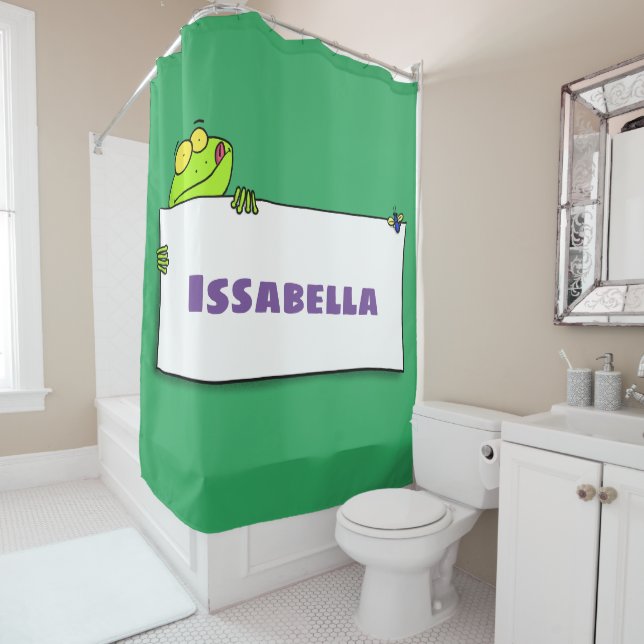 Cute green frog sign cartoon illustration shower curtain (In Situ)