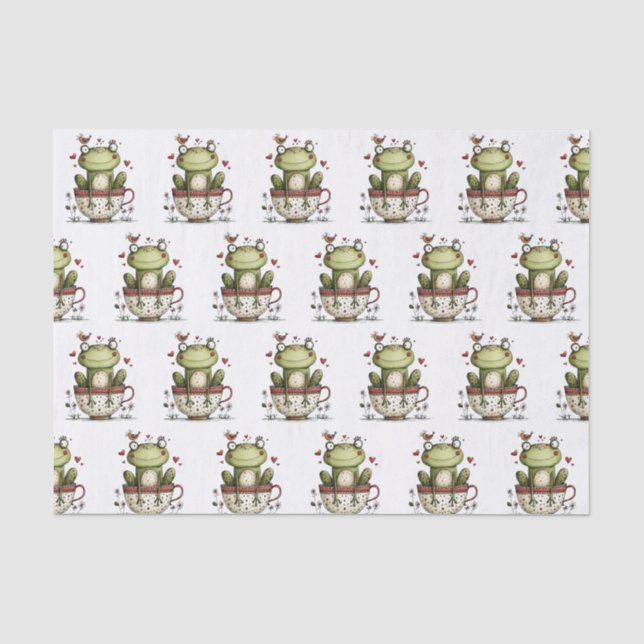 Cute Green Frog Teacup Whimsical Pattern Tissue Paper (Front)