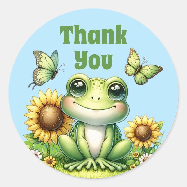 Cute Green Frog Thank You Classic Round Sticker (Front)