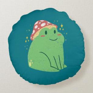 Cute Green Frog with Mushroom Hat Round Cushion