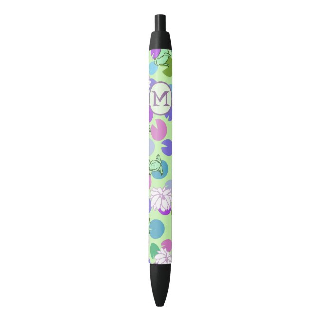 Cute Green Frogs Custom Monogram Initial Black Ink Pen (Front Vertical)
