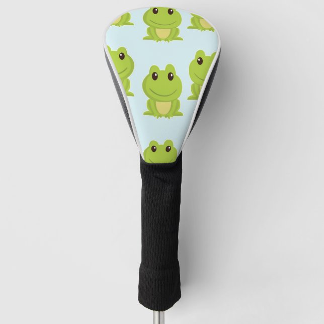 Cute green frogs on blue golf head cover (Front)