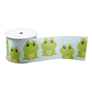 Cute green frogs on blue satin ribbon