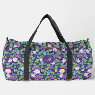 Cute Green Frogs Purple Monogram Duffel Bag