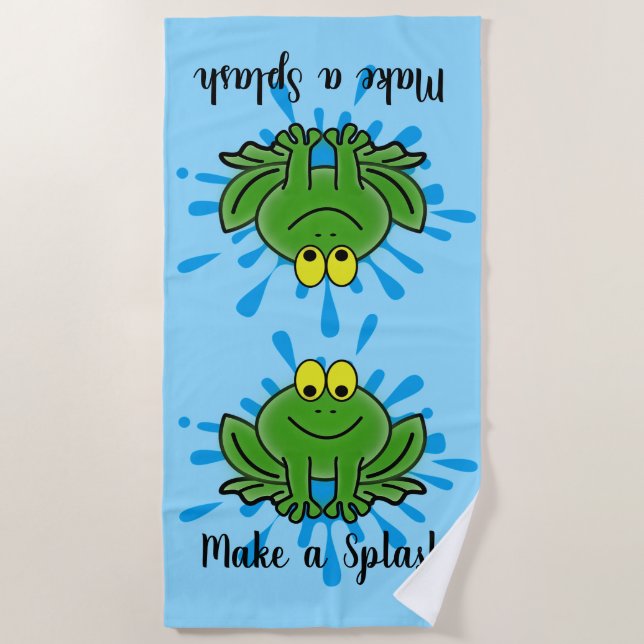 Cute Green Frogs Splash Design Beach Towel (Front)