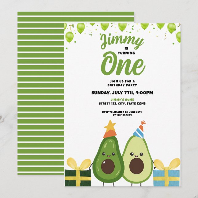Cute Green Fruit Avocado Birthday Invitation (Front/Back)