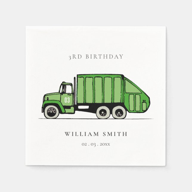Cute Green Garbage Truck Kids Any Age Birthday Napkin (Front)