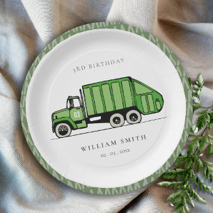 Cute Green Garbage Truck Kids Any Age Birthday Paper Plate