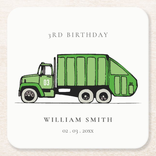 Cute Green Garbage Truck Kids Any Age Birthday Square Paper Coaster (Front)