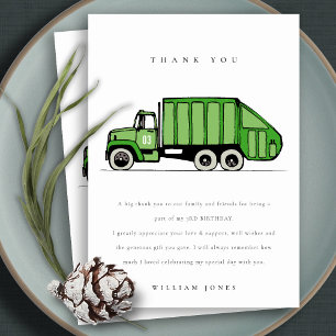 Cute Green Garbage Truck Kids Any Age Birthday Thank You Card